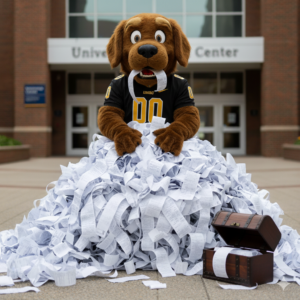 An image of a UMBC Mascot in a pile of receipts