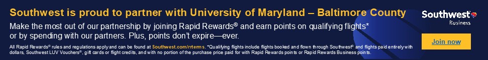 Banner depicting a promotion between UMBC and Southwest Airlines and encouraging travelers to link and enroll in Rapid Rewards